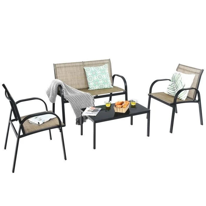 COSTWAY Ensemble Salon de Jardin 4 Places, 2 Fauteuils, 1 Canapé et 1 Table Basse en Verre, Tissu Respirant Anti-UV, Noir
