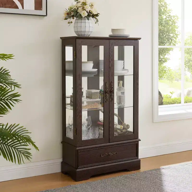 Vitrine en verre éclairée avec étagères réglables - Vitrine élégante à 2 portes et tiroir intégré, ampoule incluse