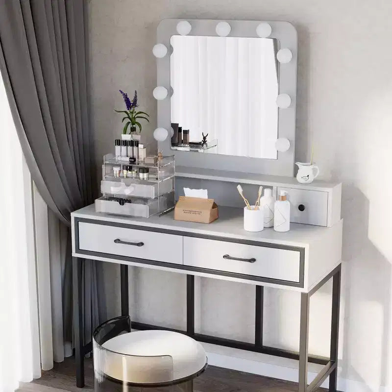 Coiffeuse avec miroir lumineux, table de maquillage Hollywood 3 couleurs dimmable avec 4 tiroirs