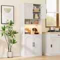 Garde-manger de cuisine avec éclairage RVB, Vaisselier en bois de style rustique avec portes coulissantes, Meuble micro-ondes, Deux étagères ouvertes, Grand placard de rangement