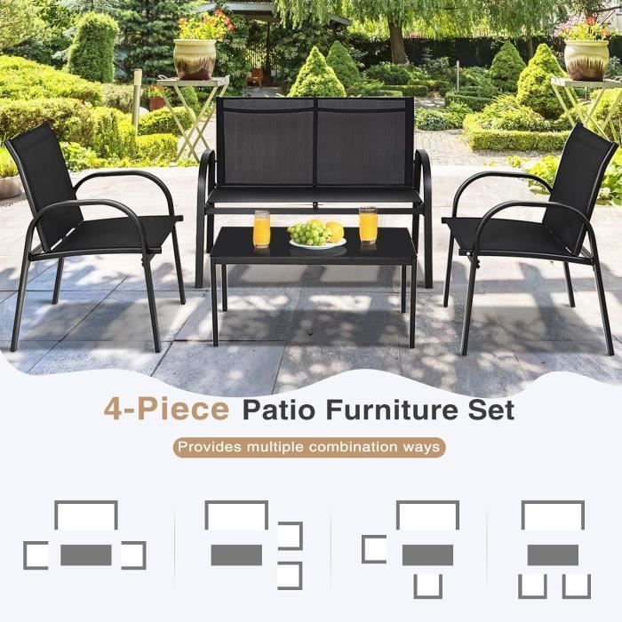 COSTWAY Ensemble Salon de Jardin 4 Places, 2 Fauteuils, 1 Canapé et 1 Table Basse en Verre, Tissu Respirant Anti-UV, Noir