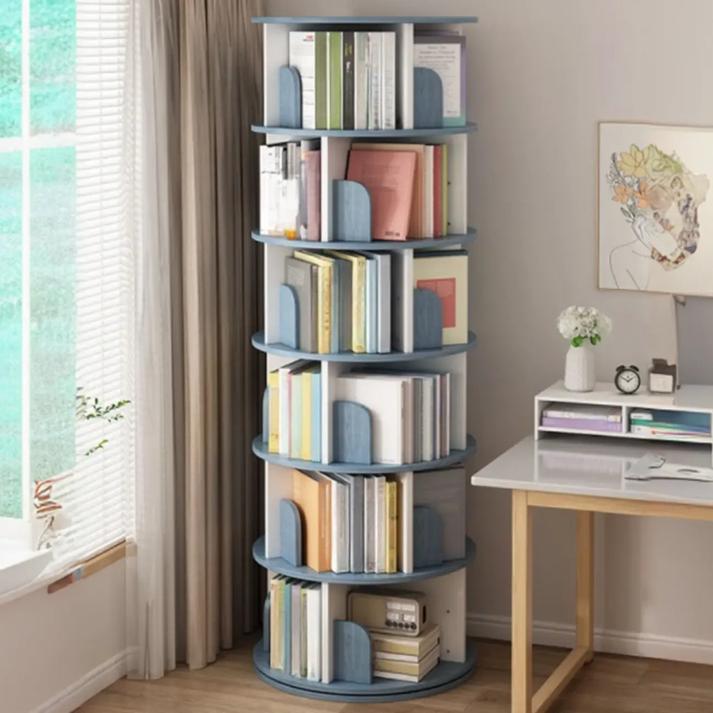 Bibliothèque cylindrique en bois brun à dos ouvert et rotative