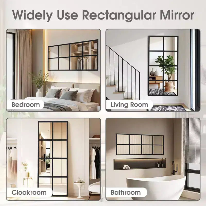 Miroir mural minimaliste JIONJOY avec cadre en métal noir, miroir décoratif de style fenêtre, miroir d'entrée incassable