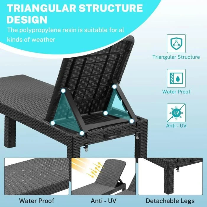 Bain de soleil -Chaise longue de jardin avec coussin gris, inclinable multi-positions,, pour piscine, terrasse et extérieur