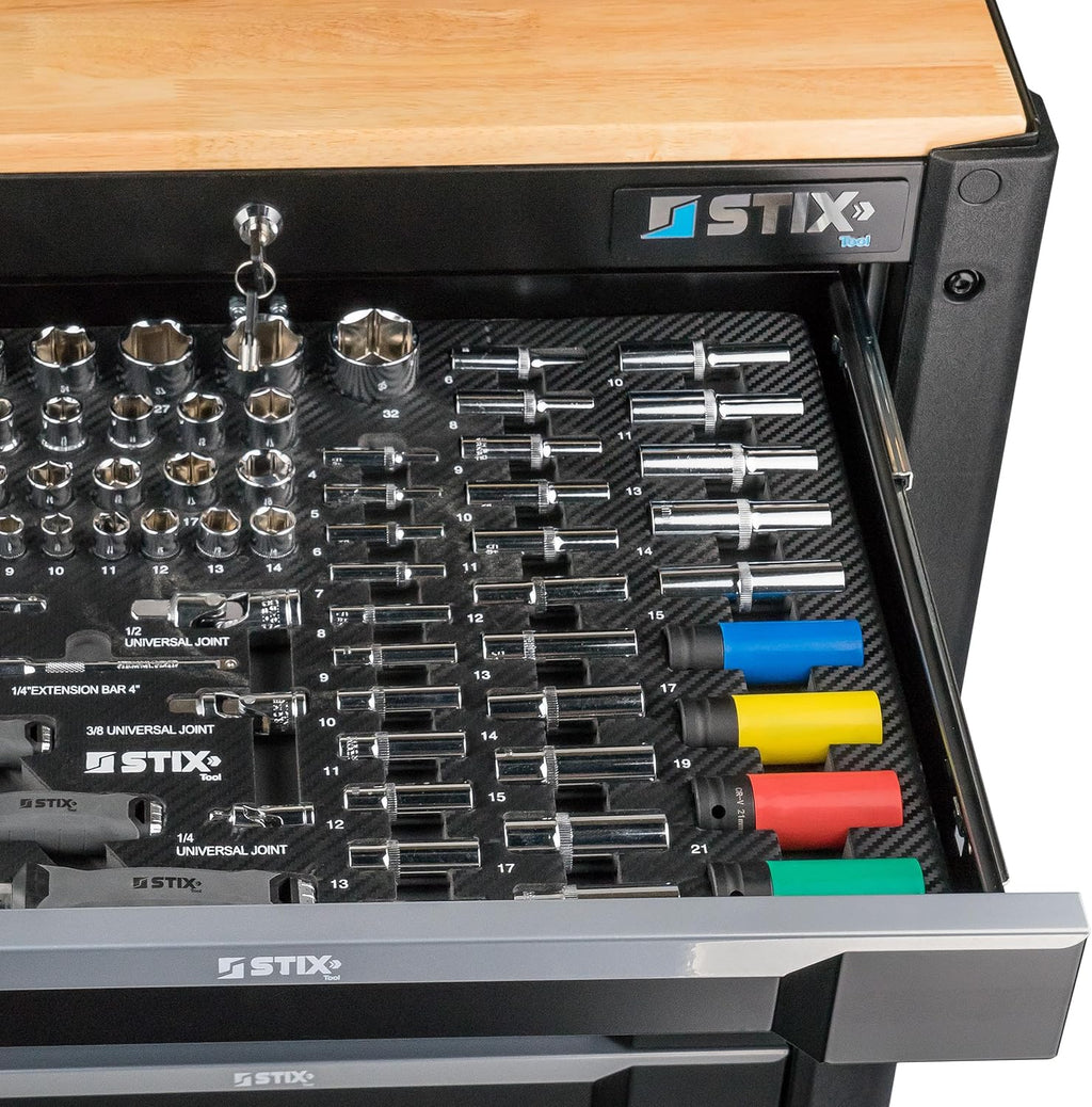 Stix UltimatePro C7/TS1 – Servante d’atelier avec 267 outils Cr-V, 7 tiroirs sur roulements, roulettes et plan de travail en bois
