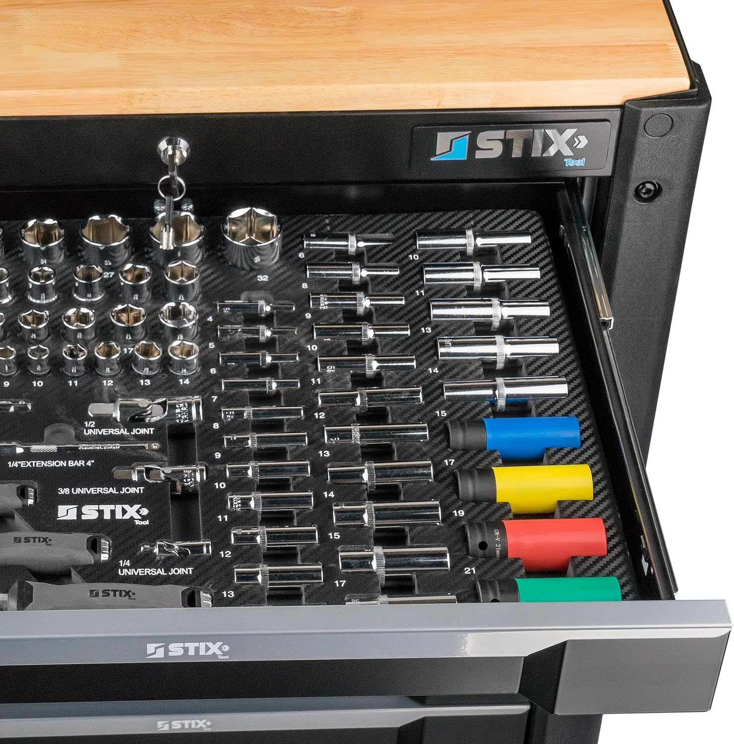 Stix UltimatePro C7/TS1 – Servante d’atelier avec 267 outils Cr-V, 7 tiroirs sur roulements, roulettes et plan de travail en bois