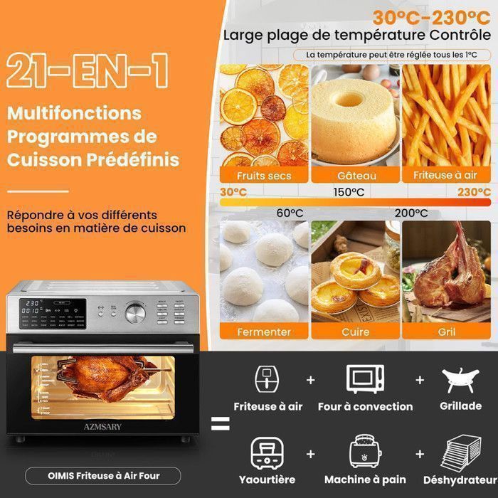 Mini four professionnel - Four a air, 30L/21 Programmes/30-230℃,  Lumière intégrée, Cavité et plateaux en acier inoxydable