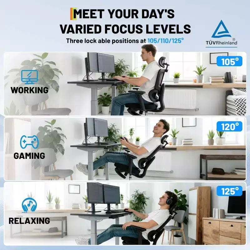 Chaise de bureau ergonomique en maille, Chaise de bureau à dossier haut avec support lombaire réglable 136 kg, Accoudoirs relevables 4D, Dossier inclinable sur 3 niveaux, Appuie-tête 3D, Roues en PU