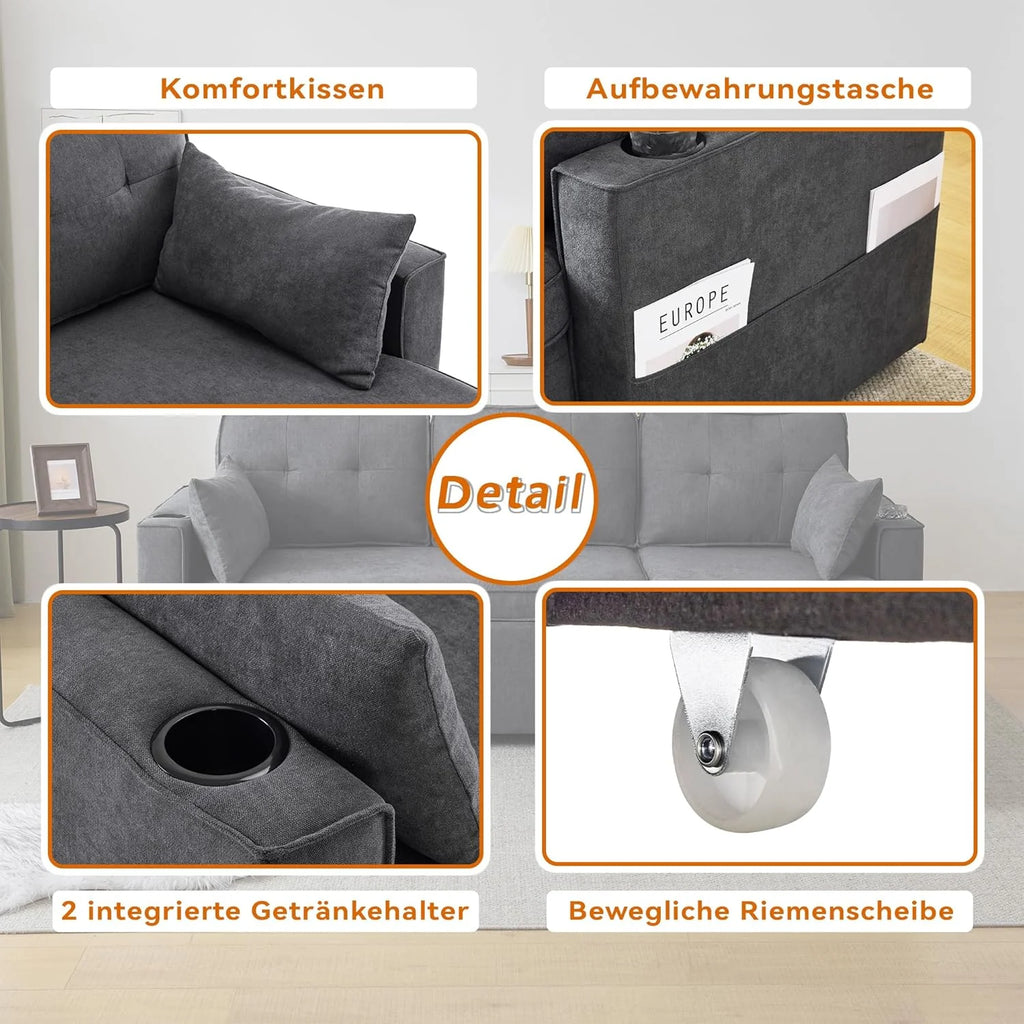 Canapé convertible 3 places avec porte-gobelets et poche latérale, canapé d’angle en L avec méridienne réversible droite/gauche, gris
