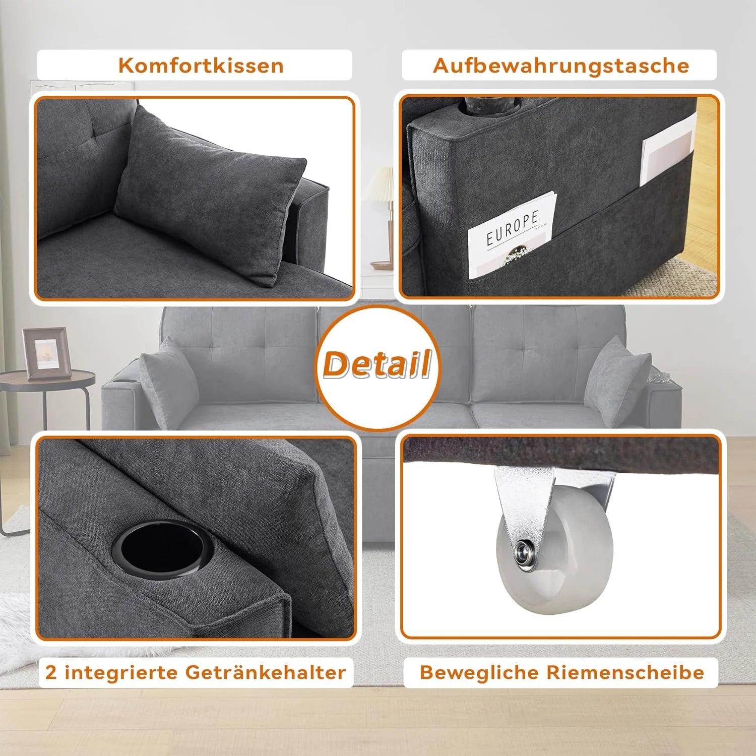 Canapé convertible 3 places avec porte-gobelets et poche latérale, canapé d’angle en L avec méridienne réversible droite/gauche, gris