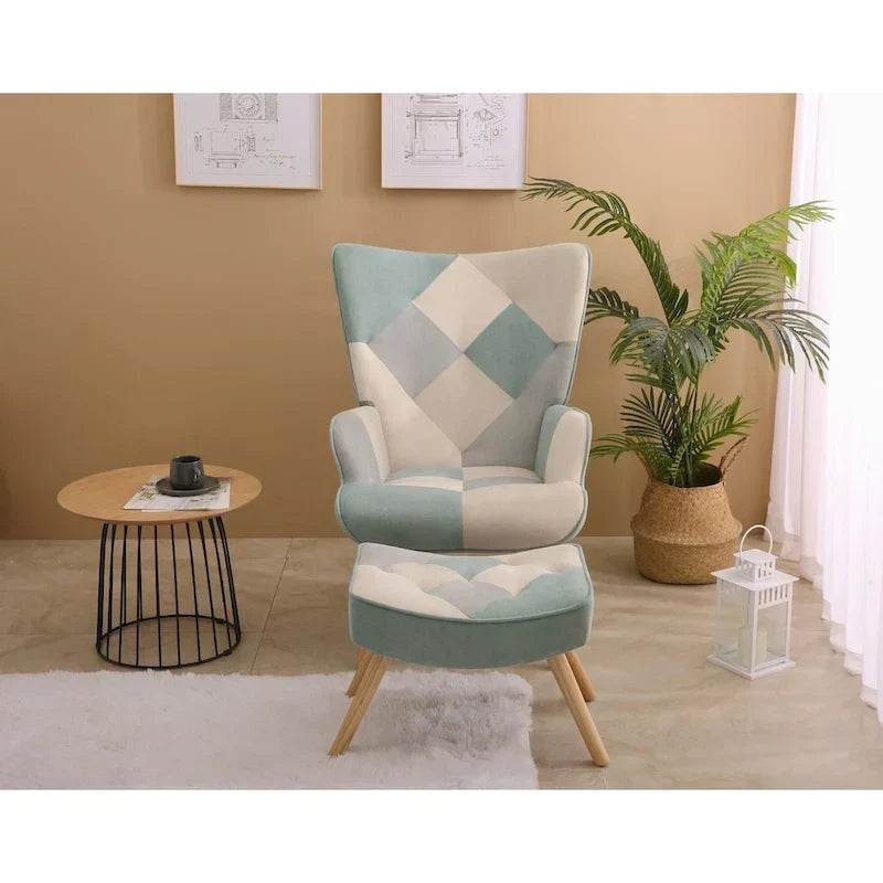 Fauteuil d'appoint avec pouf, ensemble fauteuil et pouf de salon, fauteuil d'appoint confortable pour chambre à coucher, surface en tissu à épissures créatives