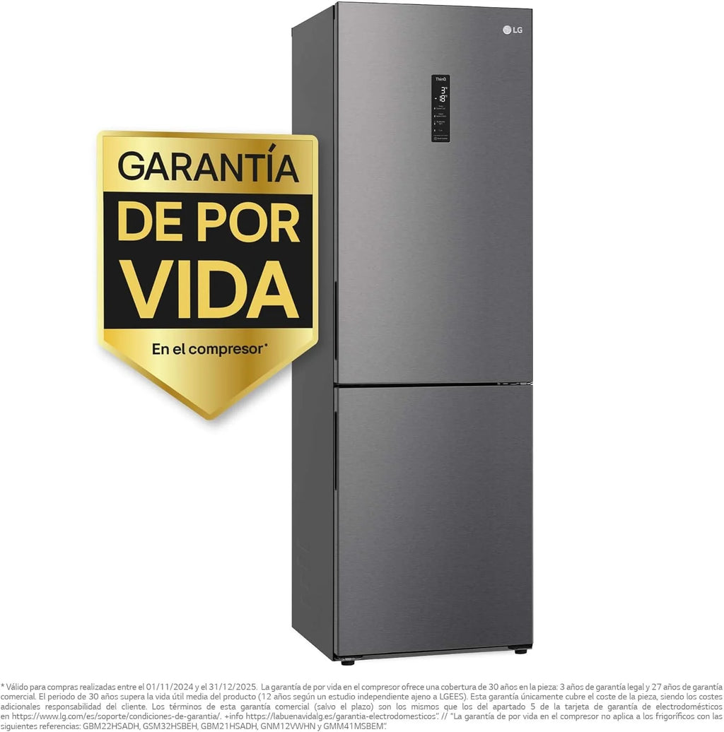 LG GBP61DSXGC – Réfrigérateur combiné No Frost avec congélateur, compresseur Smart Inverter, inox anti-traces, 186 cm, 341 L