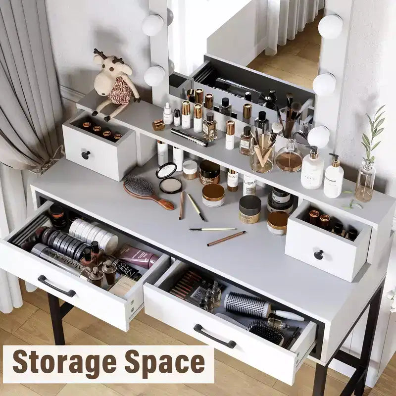 Coiffeuse avec miroir lumineux, table de maquillage Hollywood 3 couleurs dimmable avec 4 tiroirs