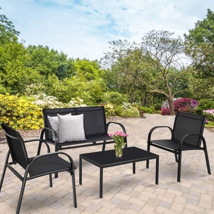 COSTWAY Ensemble Salon de Jardin 4 Places, 2 Fauteuils, 1 Canapé et 1 Table Basse en Verre, Tissu Respirant Anti-UV, Noir