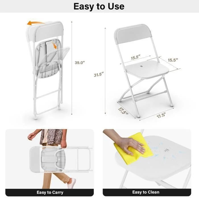 Lot de 10 chaises pliantes blanches en plastique, chaises pliantes portables pour jardin extérieur