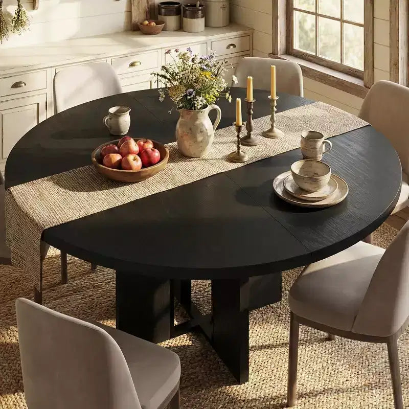 Table à manger ronde extensible 47-63 pour 4-8 personnes, table de cuisine extensible en bois de style ferme avec cadre métallique, ovale peu encombrante pour appartement, gris rétro