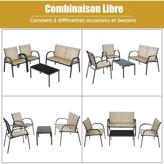 COSTWAY Ensemble Salon de Jardin 4 Places, 2 Fauteuils, 1 Canapé et 1 Table Basse en Verre, Tissu Respirant Anti-UV, Noir