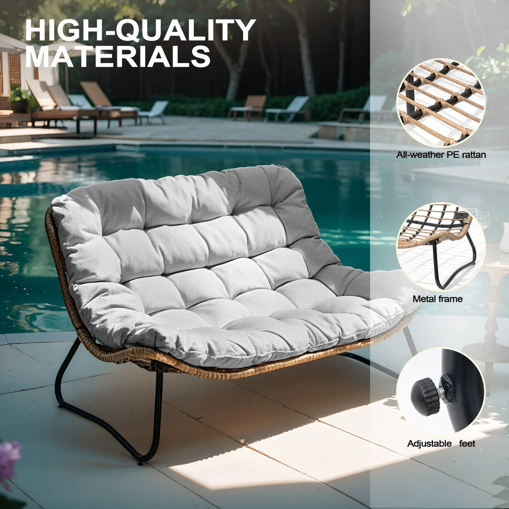 Causeuse double Papasan avec coussin, rotin PE tout temps et cadre en métal pour l'intérieur et l'extérieur