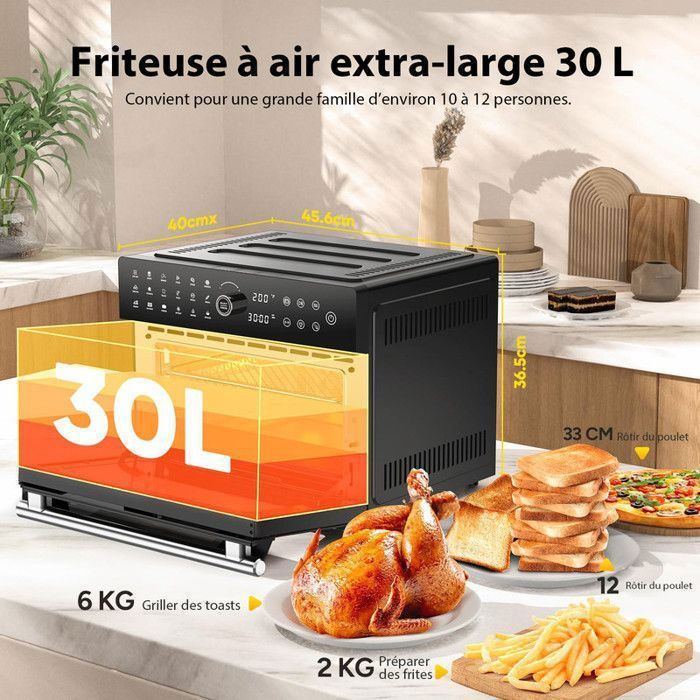 Mini four professionnel - Four a air, 30L/21 Programmes/30-230℃,  Lumière intégrée, Cavité et plateaux en acier inoxydable