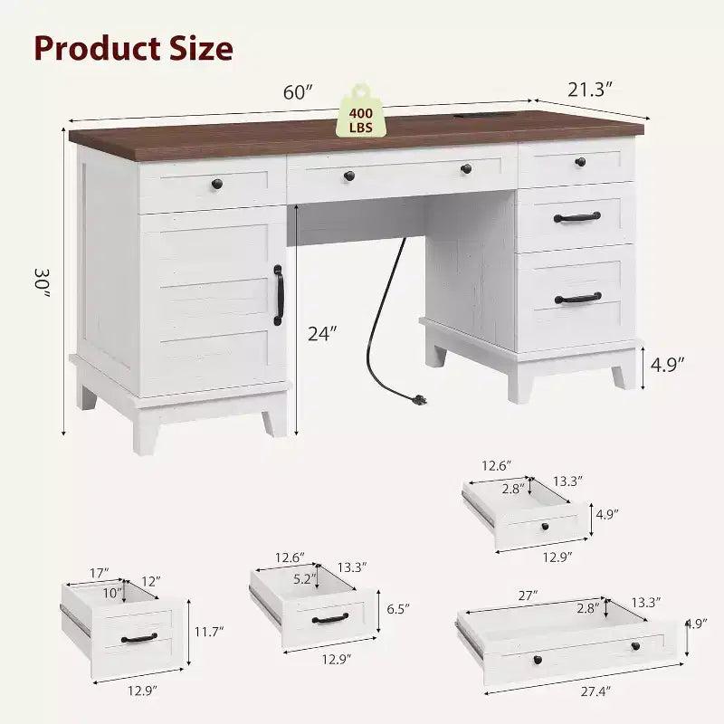 Bureau de direction de 152 cm avec tiroirs, bureau d'ordinateur avec station de charge, bureau d'écriture en bois pour étude, table de conférence pour salon