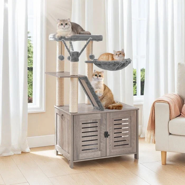 HOOBRO Arbre à Chat avec Maison de Litière pour Chat, Maison pour Chat en Bois avec Tour à Chat, Grège