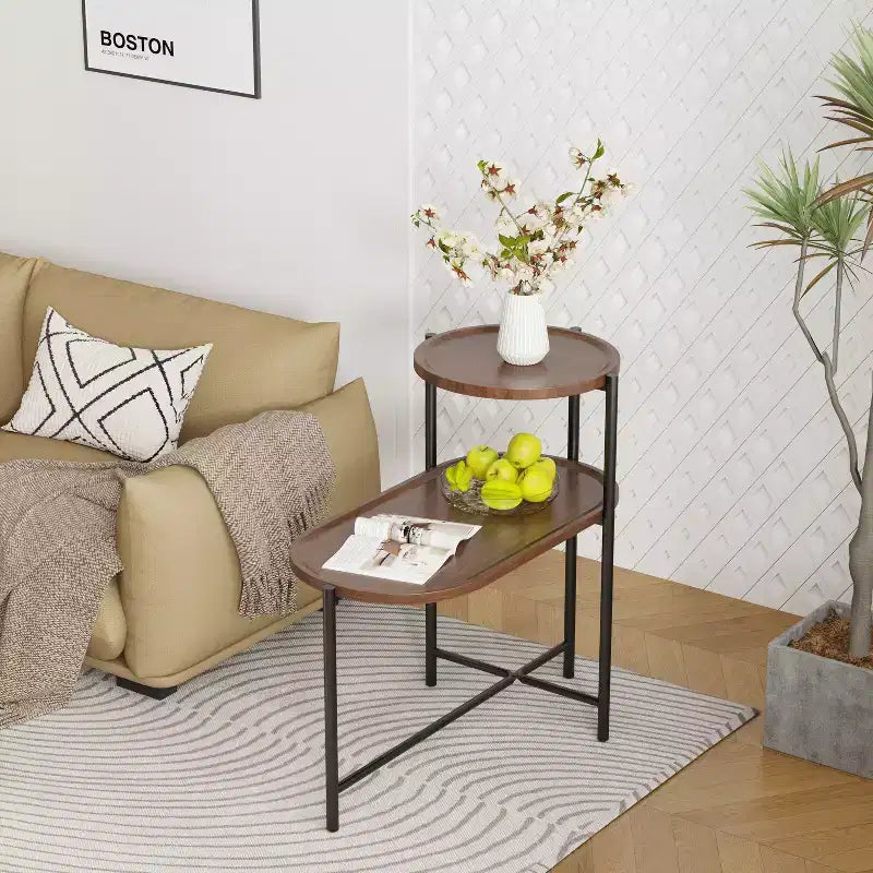 Petite table basse à 2 niveaux Noyer Marron, Étagère de rangement en bois Cadre en métal Table d'appoint pour canapé de salon