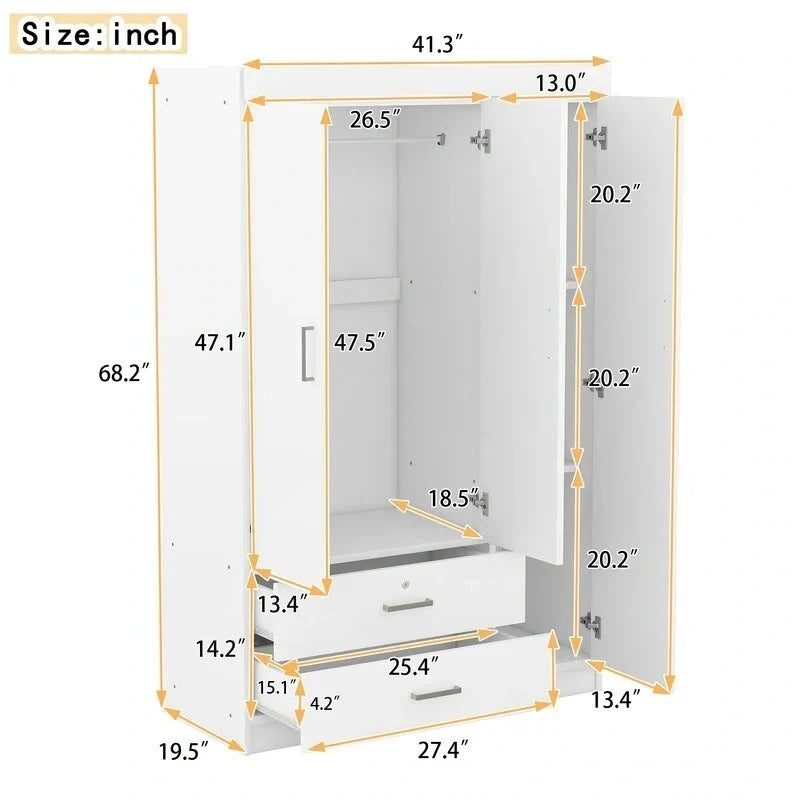 Armoire penderie 3 portes avec miroirs, étagères et 2 tiroirs