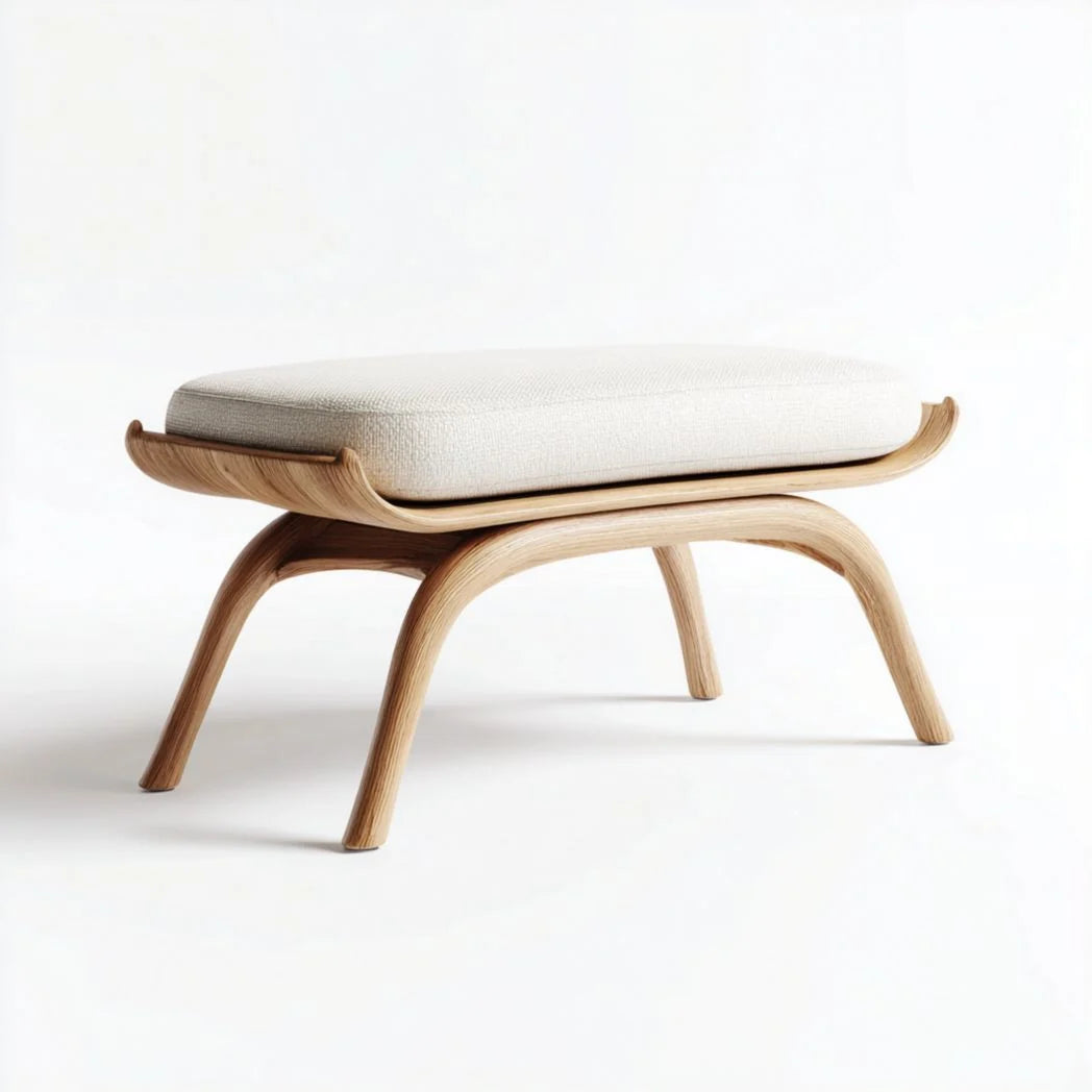 Banc en bois courbé avec assise rembourrée blanche