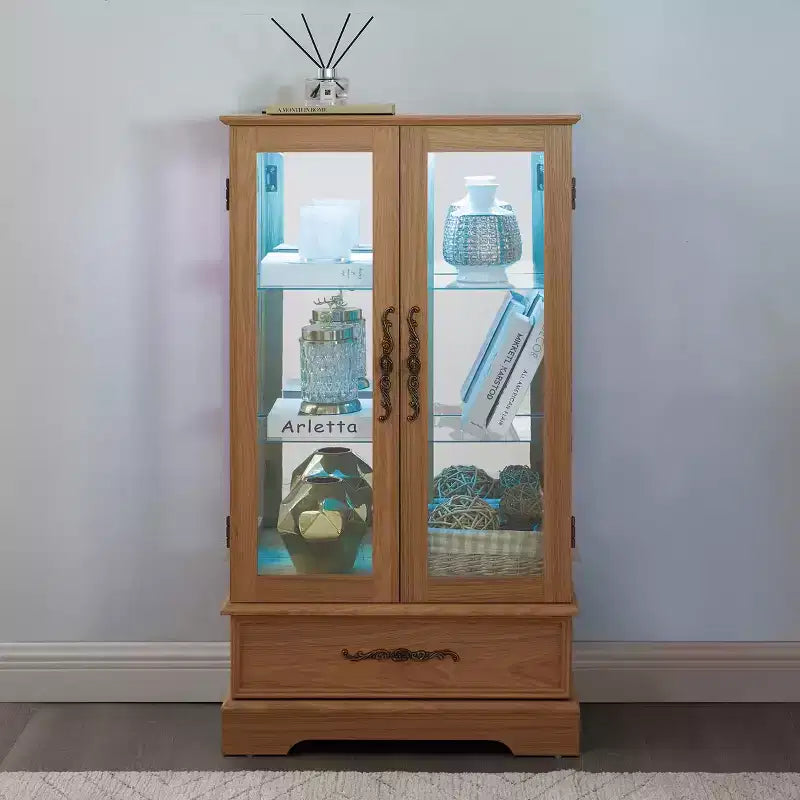 Vitrine en verre éclairée avec étagères réglables - Vitrine élégante à 2 portes et tiroir intégré, ampoule incluse