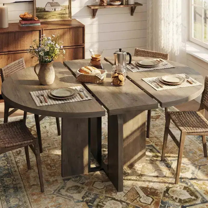 Table à manger ronde extensible 47-63 pour 4-8 personnes, table de cuisine extensible en bois de style ferme avec cadre métallique, ovale peu encombrante pour appartement, gris rétro