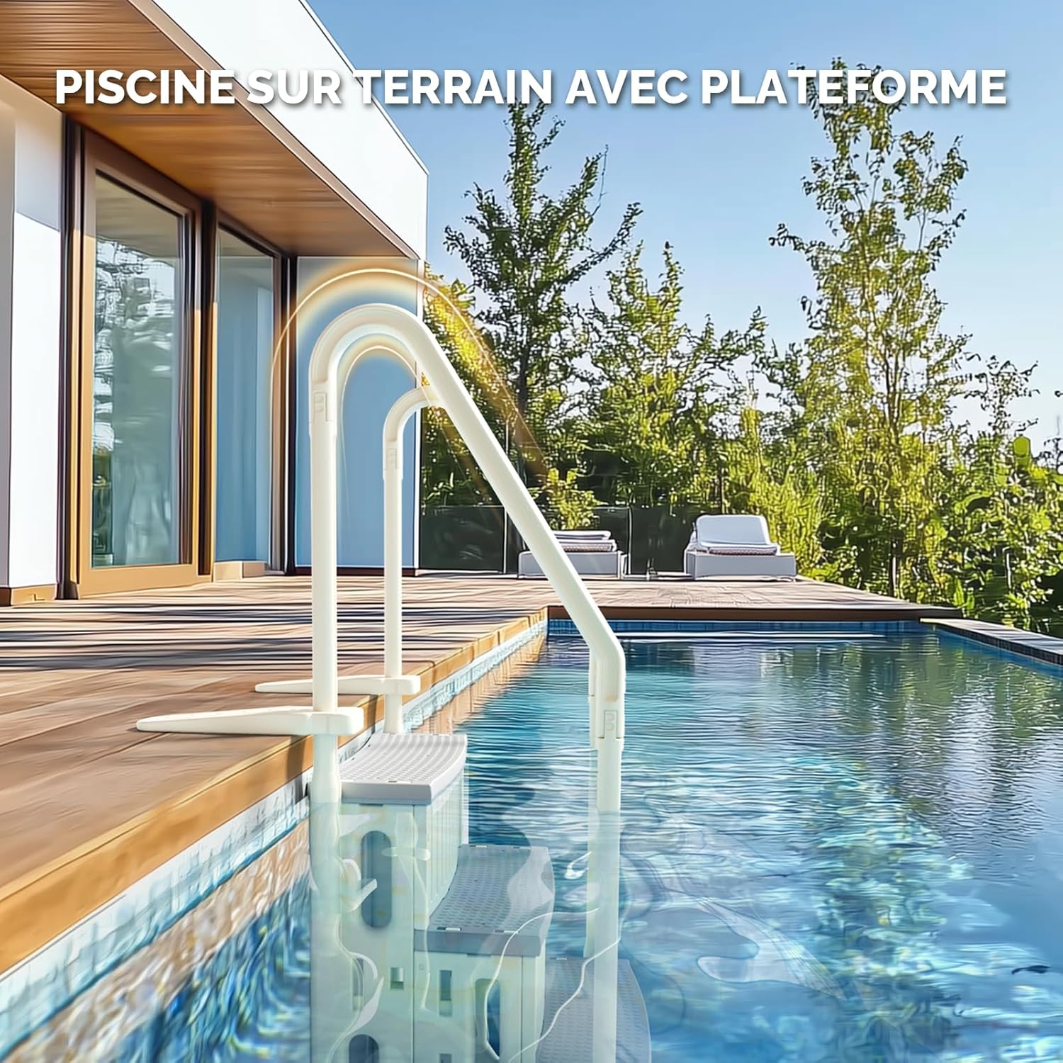 BONNLO Échelle de Piscine Antidérapante PE, Escalier de Piscine, Adaptée aux Piscines Hors Sol et Creusées Intérieur Extérieur, Blanc Cassé (Blanc + Pédale Grise, 4)