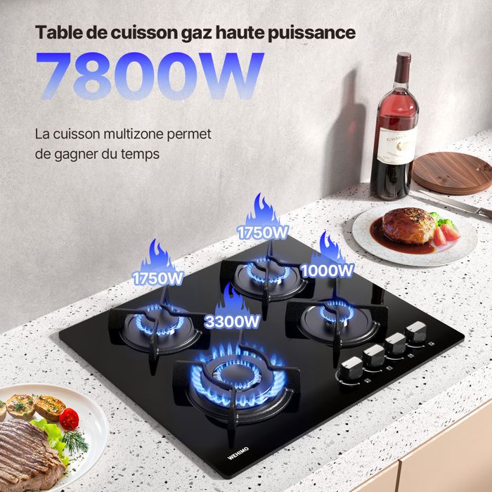 Plaque gaz WEHIMO 2 feux encastrable verre trempé