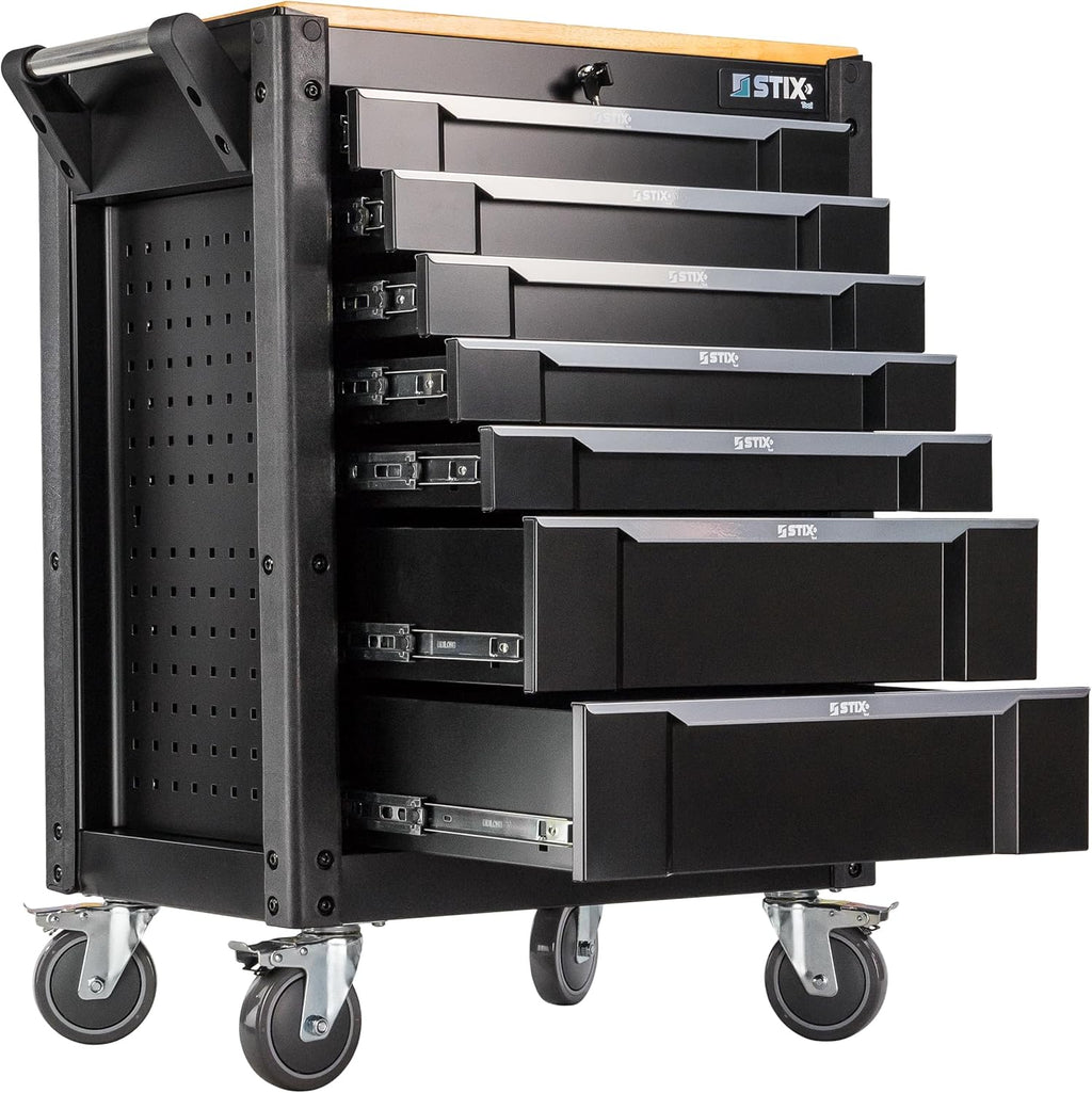 Stix UltimatePro C7/TS1 – Servante d’atelier avec 267 outils Cr-V, 7 tiroirs sur roulements, roulettes et plan de travail en bois