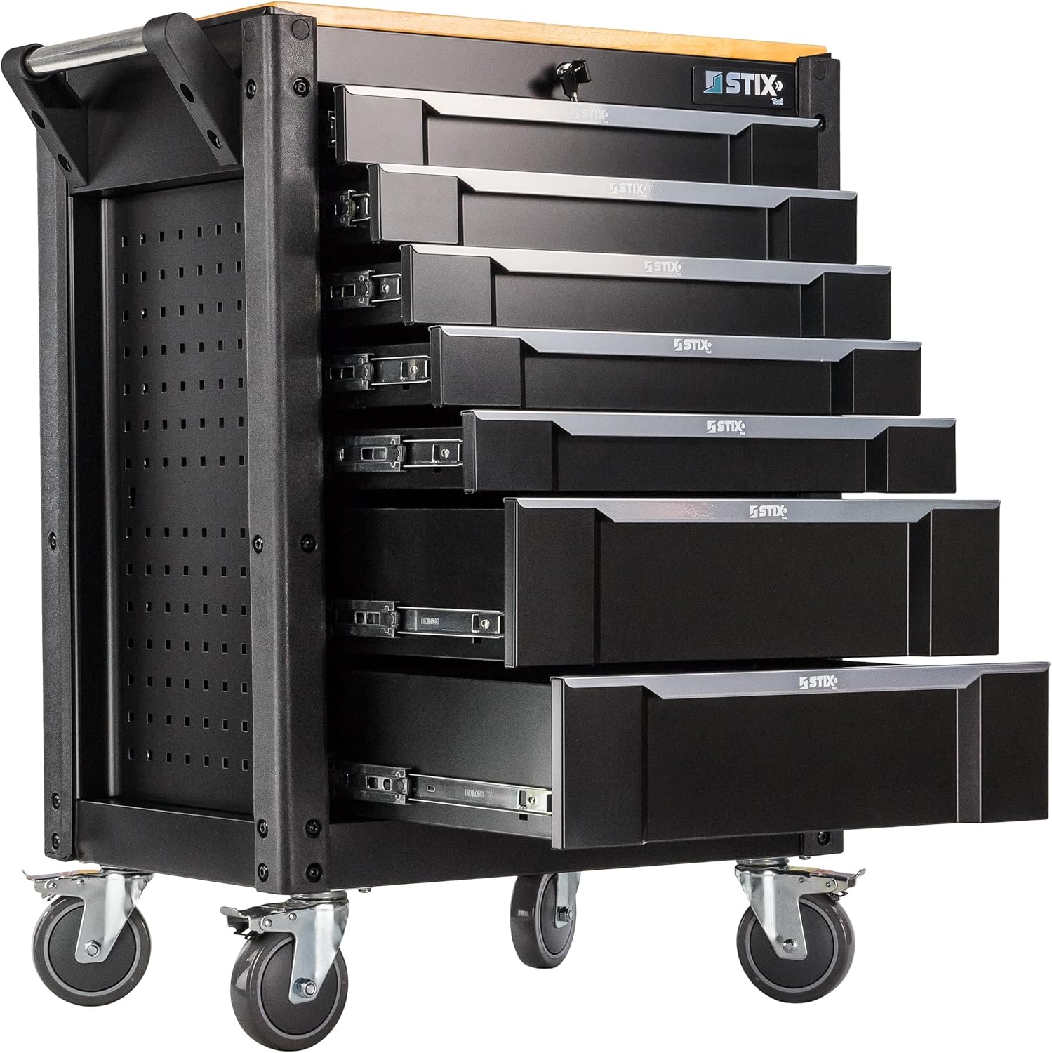 Stix UltimatePro C7/TS1 – Servante d’atelier avec 267 outils Cr-V, 7 tiroirs sur roulements, roulettes et plan de travail en bois