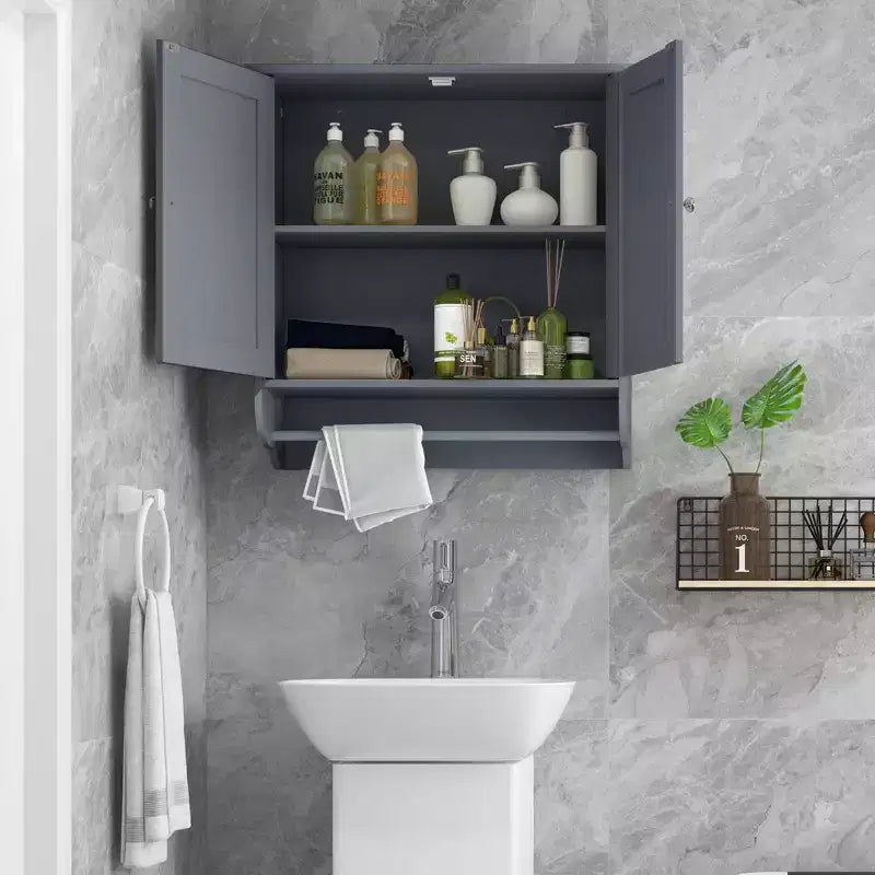 Armoire de salle de bain murale Costway avec barre porte-serviettes marron/gris