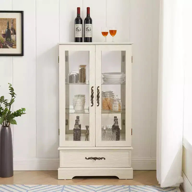Vitrine en verre éclairée avec étagères réglables - Vitrine élégante à 2 portes et tiroir intégré, ampoule incluse