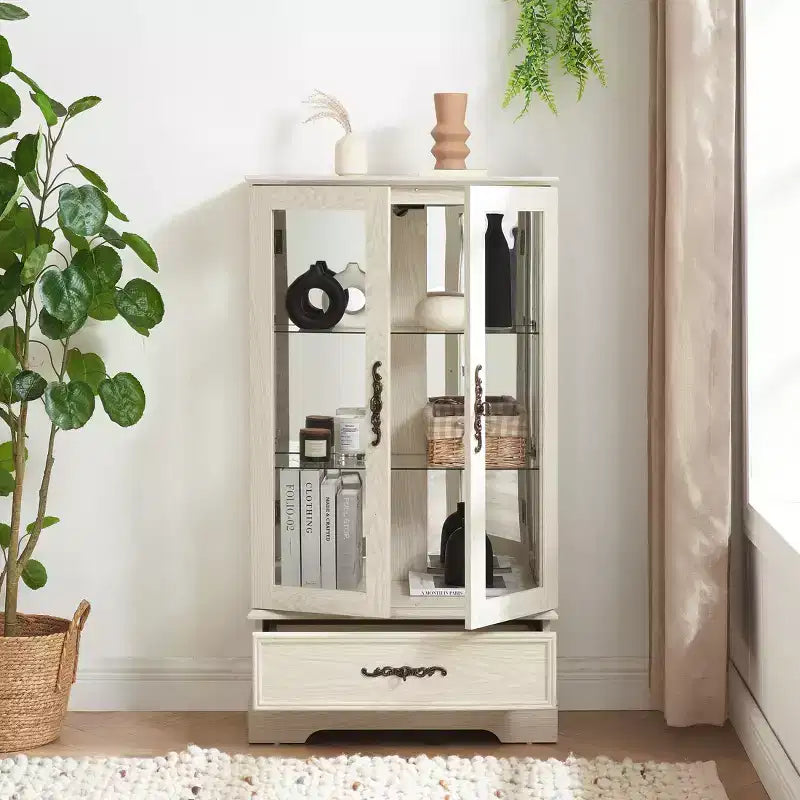 Vitrine en verre éclairée avec étagères réglables - Vitrine élégante à 2 portes et tiroir intégré, ampoule incluse