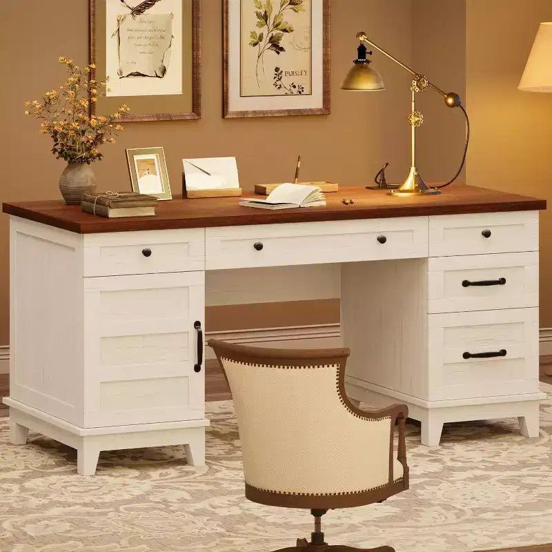 Bureau de direction de 152 cm avec tiroirs, bureau d'ordinateur avec station de charge, bureau d'écriture en bois pour étude, table de conférence pour salon