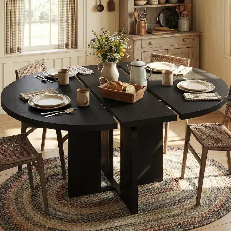 Table à manger ronde extensible 47-63 pour 4-8 personnes, table de cuisine extensible en bois de style ferme avec cadre métallique, ovale peu encombrante pour appartement, gris rétro