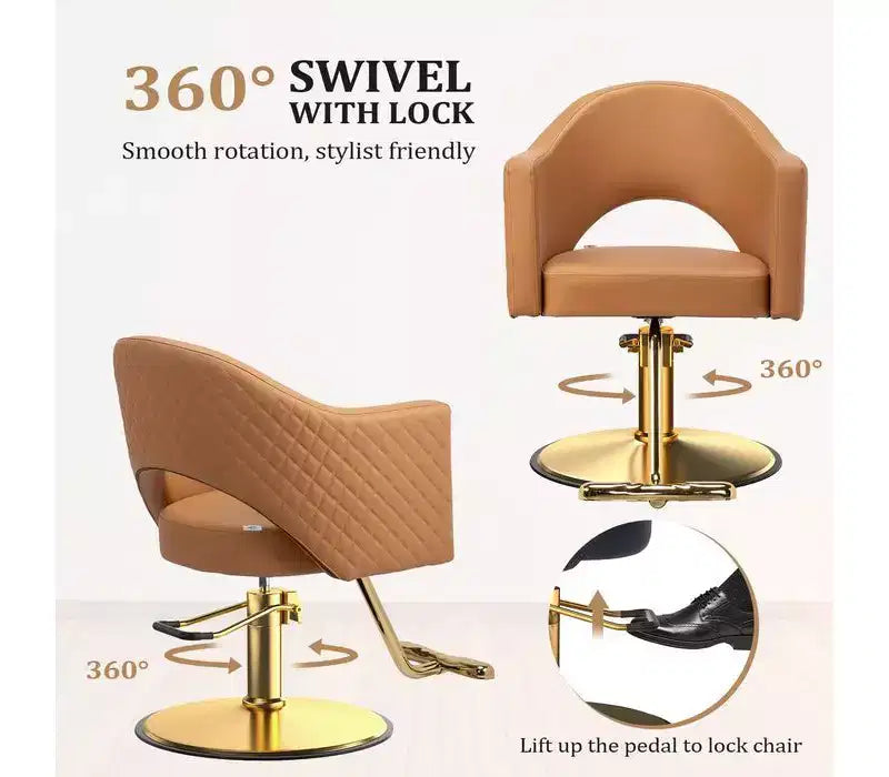 Chaise de coiffure pivotante Karl Home noire robuste à 360° avec dossier à motif losanges et repose-pieds doré
