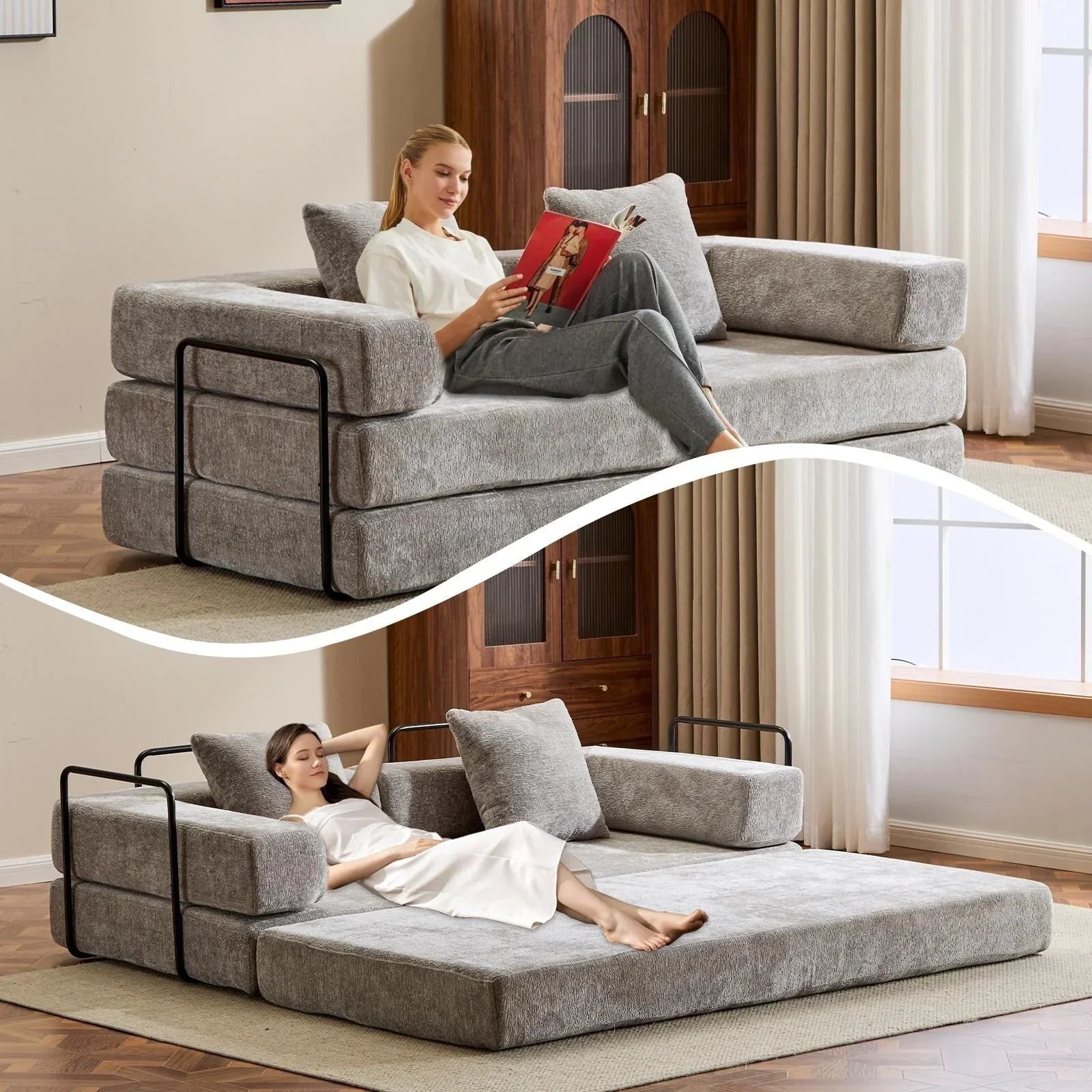 Canapé-lit convertible avec dossier à oreillers en tissu chenille pour salon et chambre