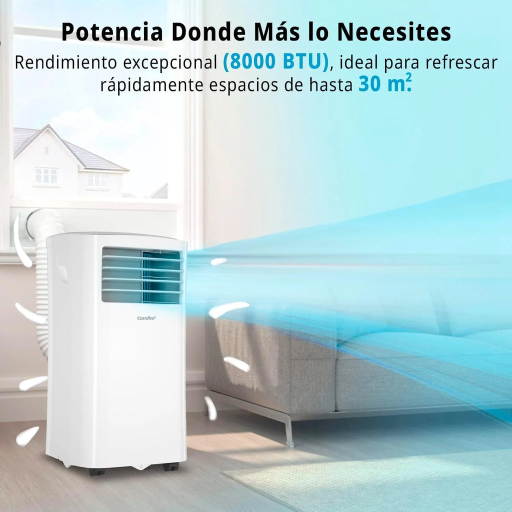 COMFEE Climatiseur mobile 8000 BTU / 2000 frigories – Sans unité extérieure – Silencieux et basse consommation avec kit fenêtre | 3-en-1 : refroidit, ventile et déshumidifie