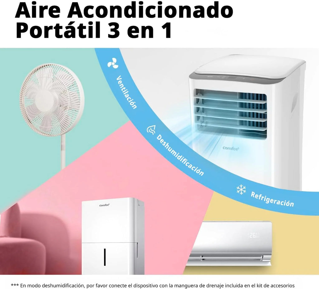COMFEE Climatiseur mobile 8000 BTU / 2000 frigories – Sans unité extérieure – Silencieux et basse consommation avec kit fenêtre | 3-en-1 : refroidit, ventile et déshumidifie