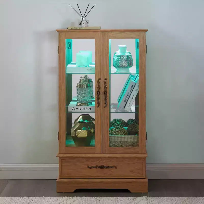 Vitrine en verre éclairée avec étagères réglables - Vitrine élégante à 2 portes et tiroir intégré, ampoule incluse