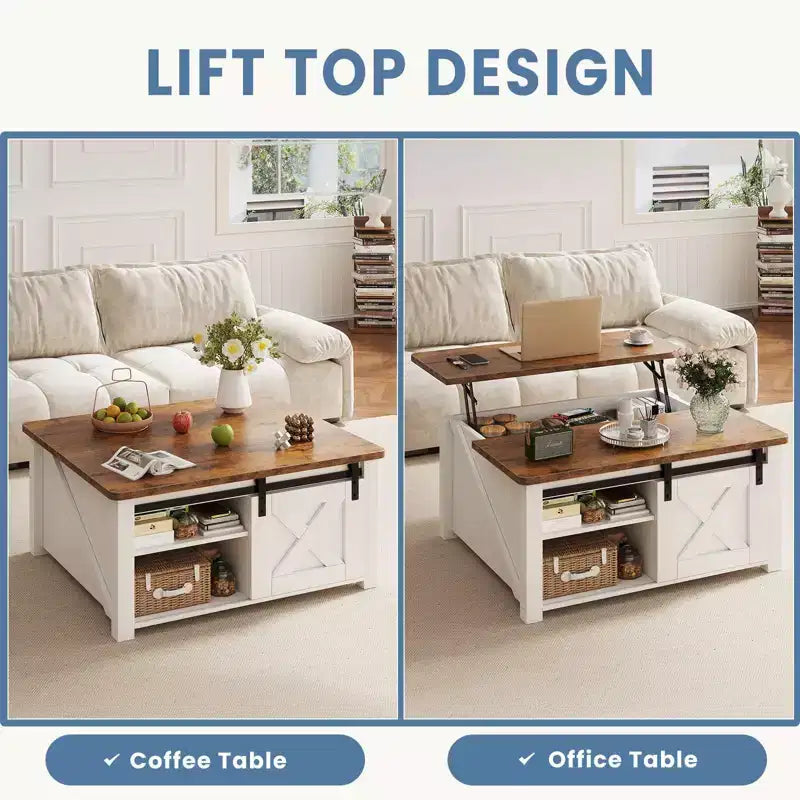Table basse relevable JIONJOY 31,5" avec grand espace de rangement dissimulé, étagères réglables, table basse carrée de style ferme pour salon, petits espaces