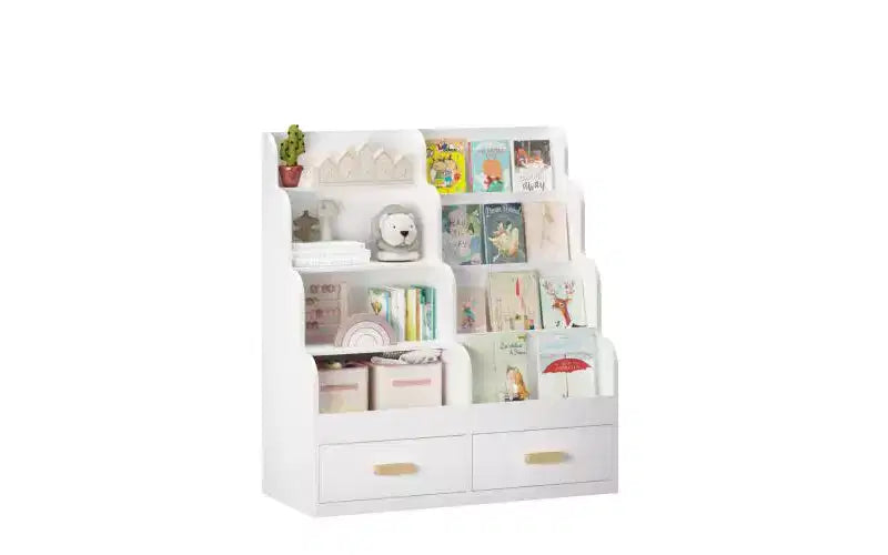 Étagère à livres pour enfants avec 2 tiroirs de rangement, bibliothèque frontale et organisateur de jouets, blanc