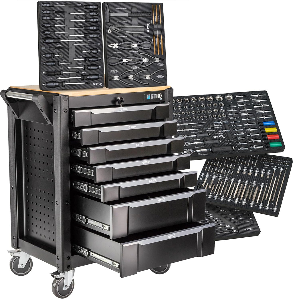 Stix UltimatePro C7/TS1 – Servante d’atelier avec 267 outils Cr-V, 7 tiroirs sur roulements, roulettes et plan de travail en bois