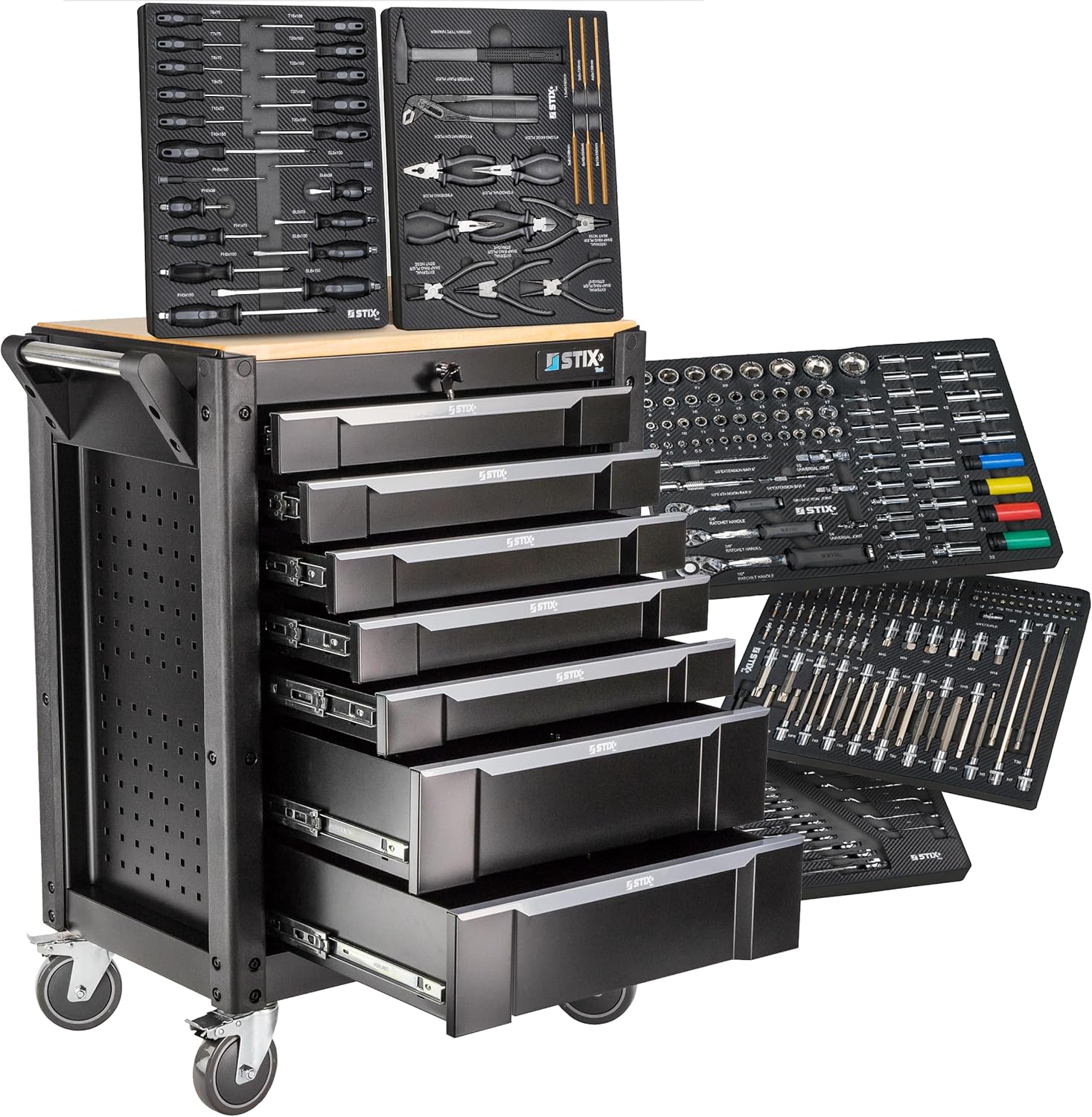 Stix UltimatePro C7/TS1 – Servante d’atelier avec 267 outils Cr-V, 7 tiroirs sur roulements, roulettes et plan de travail en bois