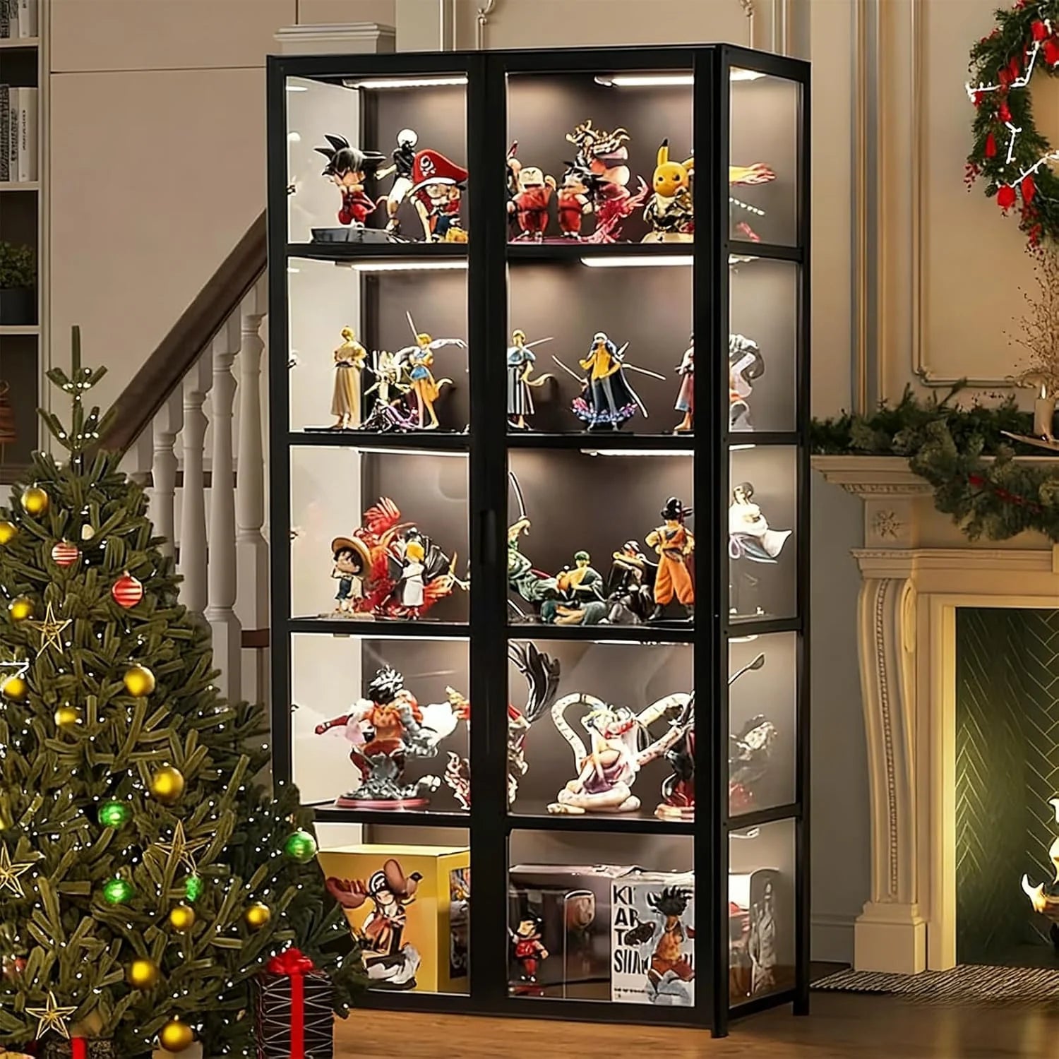 Vitrine avec porte en verre acrylique, vitrine curio à 5 niveaux pour objets de collection, double ouverture noire(Noir)