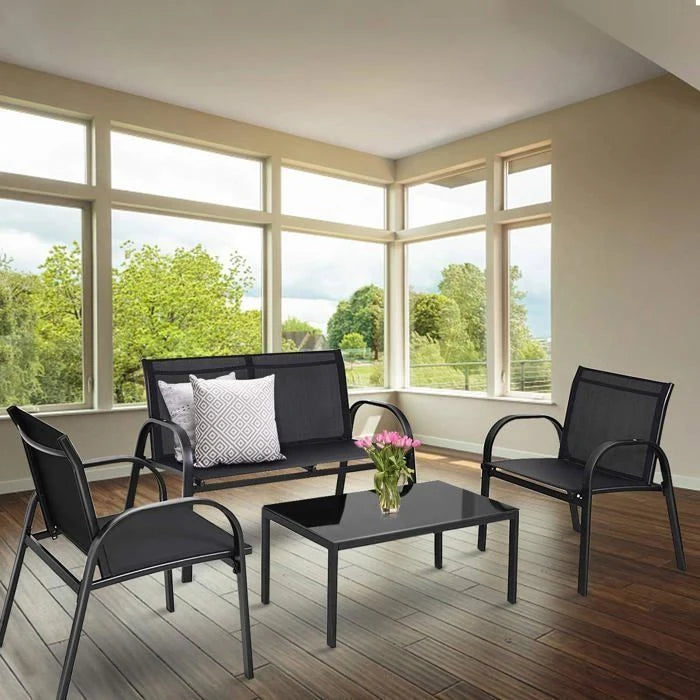 COSTWAY Ensemble Salon de Jardin 4 Places, 2 Fauteuils, 1 Canapé et 1 Table Basse en Verre, Tissu Respirant Anti-UV, Noir